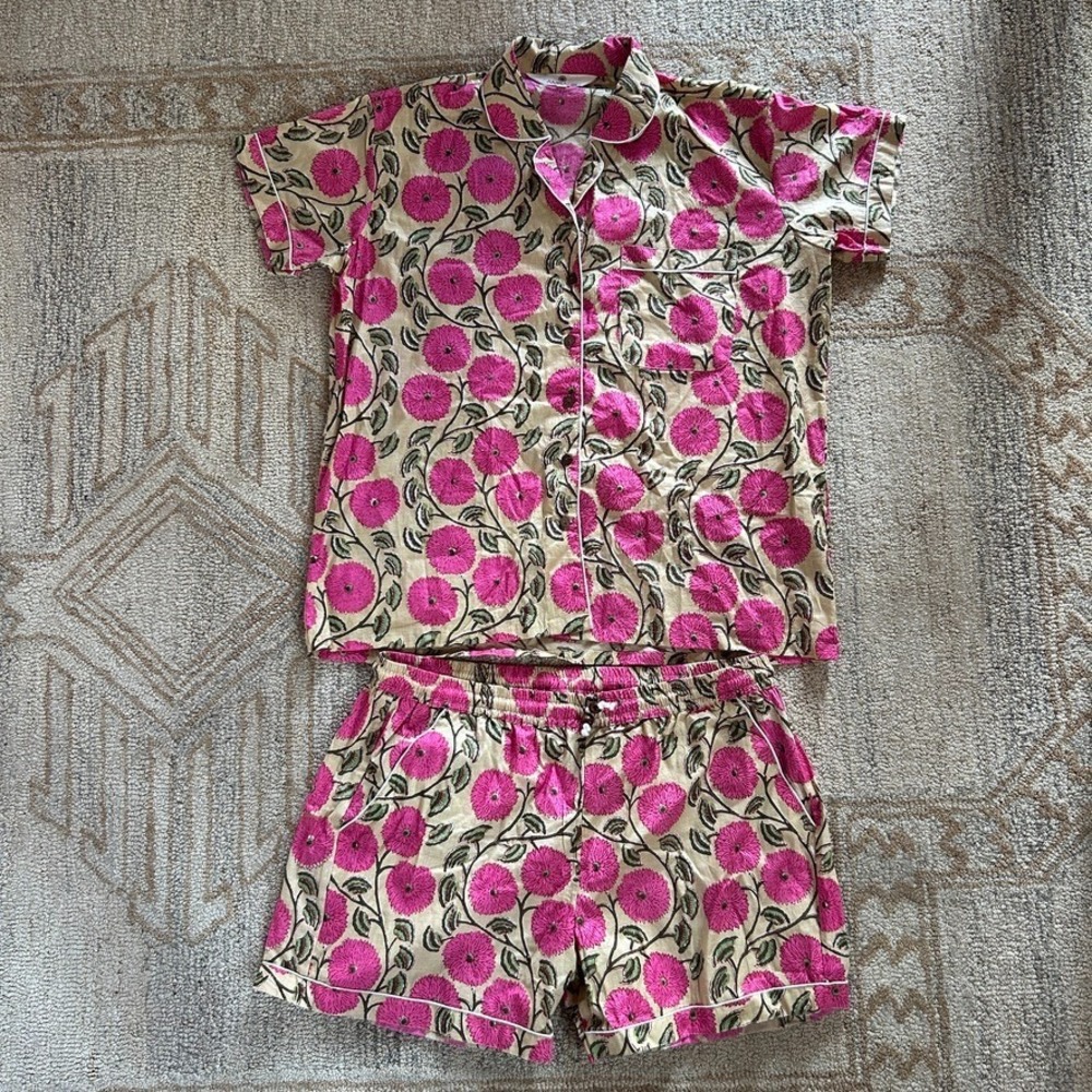 Cotton Floral Pajama Set Pink Block Print Shorts Loungewear Pockets Amranis M - Picture 12 of 13